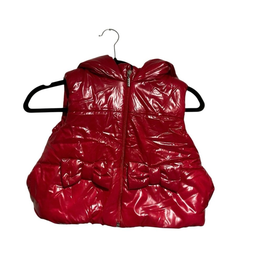 Balloon Chic Puffer Gilet Vest‎ Girls 6 Red Excellent Glossy Bows Hooded